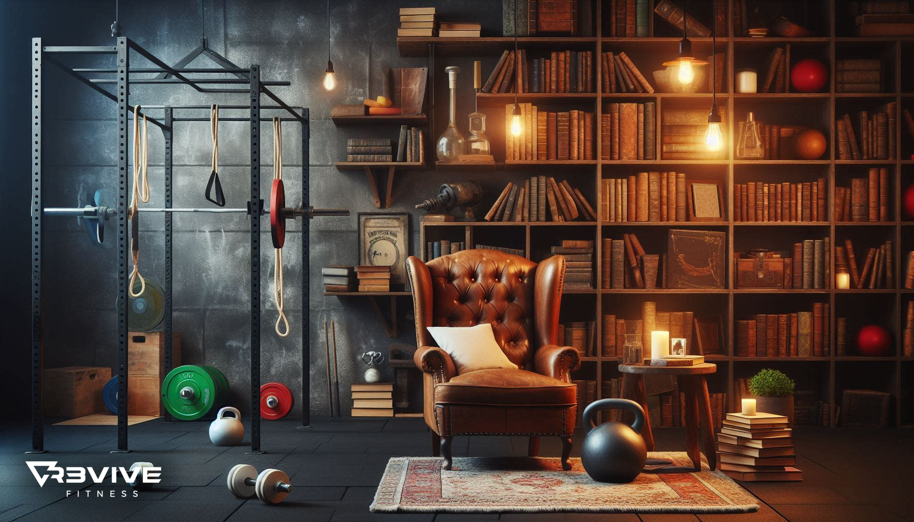 A generated image of a gym with a library for the R3VIVE Book Club